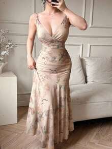Vestido de verano elegante con estampado floral sin mangas para mujer - Caqui - Ver 6