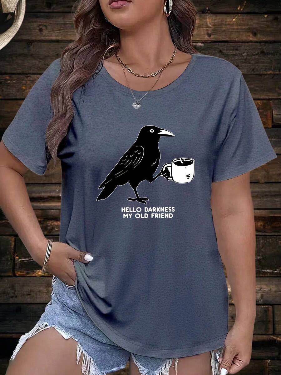 Plus Size - Plus Size - Trendy Oversized Short-Sleeve T-Shirt for Women Featuring a Popular Crow Print, Perfect for - Gris Oscuro - Ver 1