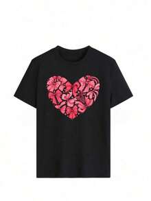 Camiseta de cuello redondo y mangas cortas de ropa fashion, fabricada en México, para la temporada primavera-verano 2025. Con estampado de dibujos animados, es un modelo de pareja, apta para usar tanto por dentro como por fuera, ideal para oficina y estilo casual, diseñada para hombres y mujeres, en unidad individual. - Negro - Ver 2