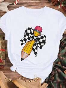 Elegante y casual para mujer, manga corta, linda camiseta con lazo y estampado gráfico, ropa casual blanca para mujer, estilo de primavera y verano. - Blanco - Ver 3