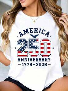 1 pieza Camiseta Blanca para Mujer con Estampado de la Bandera de la Águila Americana, Cuello Redondo, Camiseta Casual de Algodón, Tejido de Punto de Elasticidad Media, Corte Regular para Mujeres, Ideal para el Día de la Independencia, Tallas S-XXXL, 180g Algodón 100%. - Blanco - Ver 1