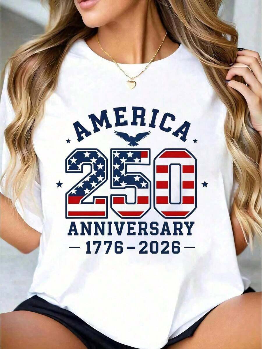 1 pieza Camiseta Blanca para Mujer con Estampado de la Bandera de la Águila Americana, Cuello Redondo, Camiseta Casual de Algodón, Tejido de Punto de Elasticidad Media, Corte Regular para Mujeres, Ideal para el Día de la Independencia, Tallas S-XXXL, 180g Algodón 100%. - Blanco - Ver 1