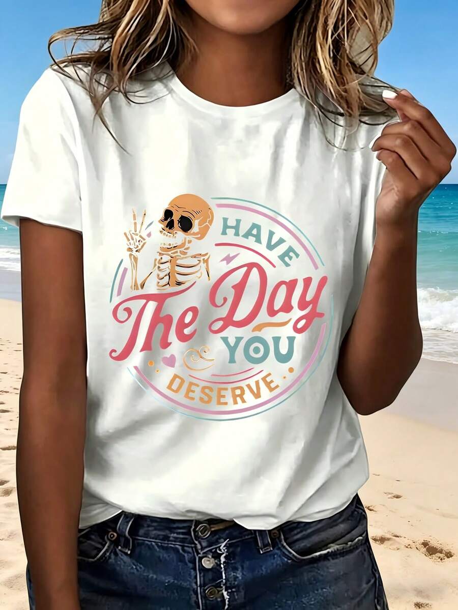 Halloween Skeleton Cute Design Have The Day You Deserve T Shirt Fashion Casual Wear For Women Perfect Gift For Party And Outdoor Activities Lightweight Comfortable Style With Fun Cartoon Print Ideal For Halloween Celebration - 白色 - 查看 1