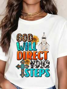 Camiseta Casual para Mujer con Estampado de Cruz y la Frase 'Dios Dirigirá Tus Pasos', Diseño Inspirado en la Fe Cristiana para Fiestas Religiosas - Blanco - Ver 1