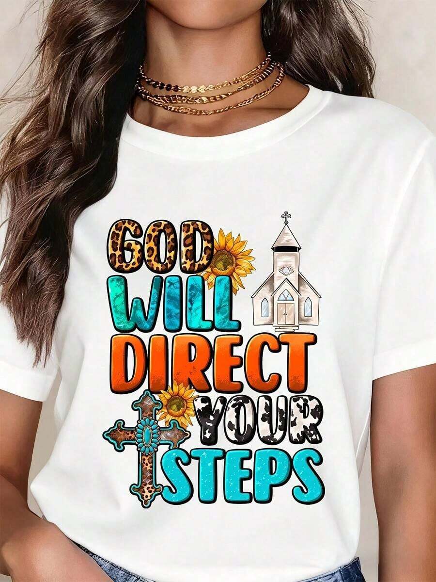 Camiseta Casual para Mujer con Estampado de Cruz y la Frase 'Dios Dirigirá Tus Pasos', Diseño Inspirado en la Fe Cristiana para Fiestas Religiosas - Blanco - Ver 1