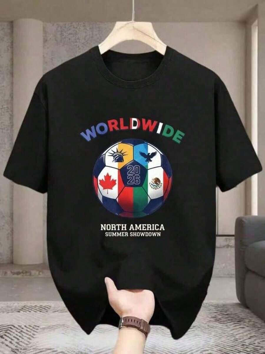Camiseta para entusiastas del fútbol con diseños de EE. UU. , Canadá yéxico para la Copa Mundial de 2026, perfecta como regalo para aficionados al fútbol, para hombres y mujeres, camiseta de algodón, tela cómoda, cuello redondo, mangas cortas, transpirable y ligera, muy adecuada para primavera, verano, otoño e invierno, ropa casual, lavable aáquina, camiseta de manga corta estampada. Tee - Negro - Ver 1