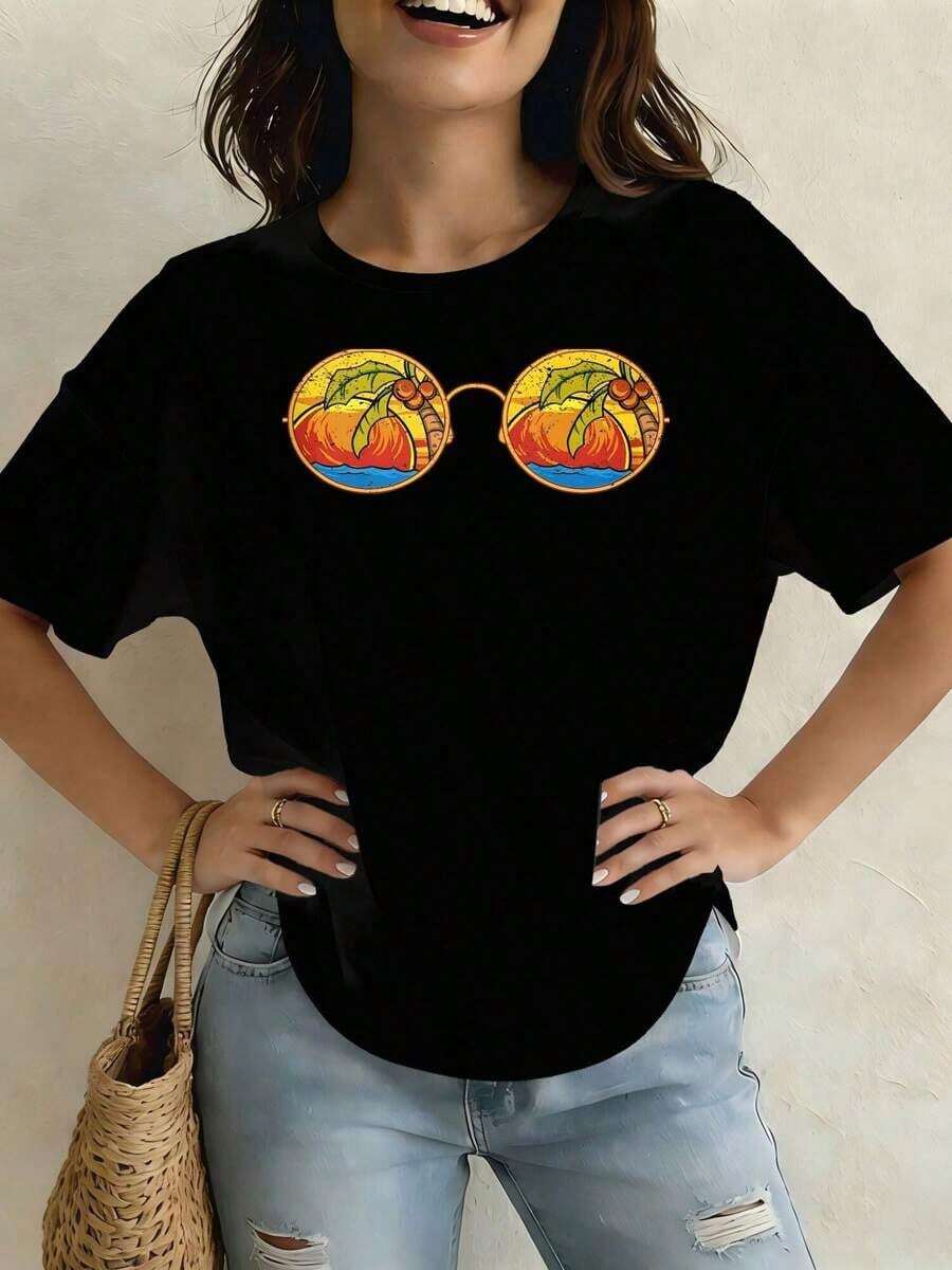 Camiseta Casual para Mujer con Estampado de Aceite, Agua, Crema, Árbol, Fruta, Palma y Mantequilla Q4GAEGA4GQ, Camiseta Ligera de Cuello Redondo y Manga Corta para Verano, Ropa para Vacaciones de Verano, Adecuada para Festivales y Uso Diario, 100% Algodón, Duradera - Negro - Ver 1