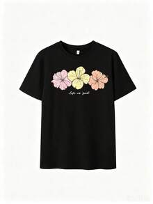 Tropical Hibiscus Flowers Graphic Tee, Boho Floral Print T-Shirt, Summer Beach Aesthetic Short Sleeve, Trendy Vacation Casual Top - Negro - Ver 2