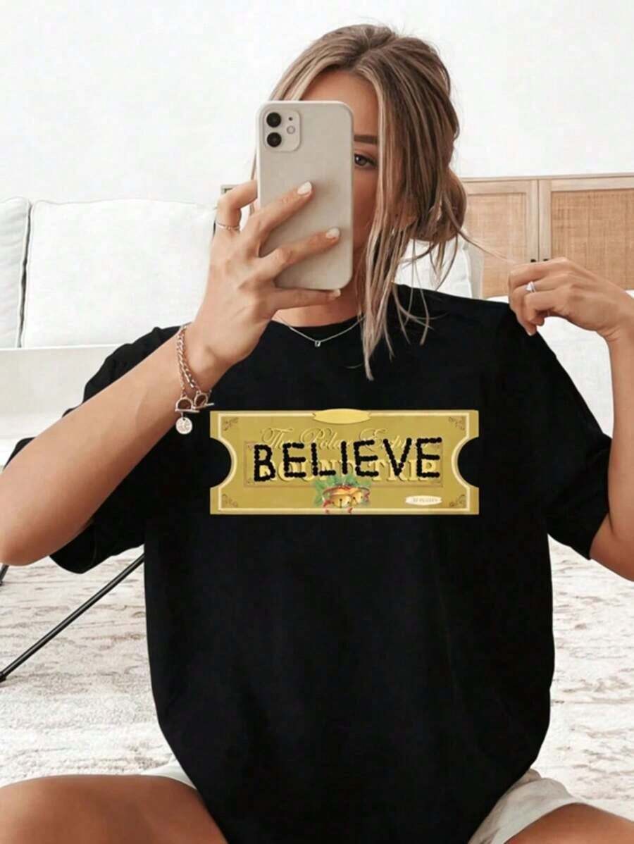 Camiseta de manga corta informal de verano de algodón estampada BELIEVE para mujer, camiseta gráfica de corte regular para uso diario, regalo para ella - Negro - Ver 1