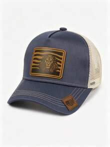 1pc Prairie Series, Retro Leather Label Lion Pattern, Showing Strength And Majesty, Fashionable Outdoor Baseball Mesh Cap - Lion - View 9