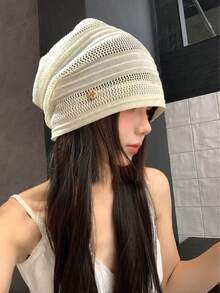 女款鏤空鈕扣薄款鬆垮針織帽，夏季手工鉤編鏤空薄款大尺寸透氣針織帽，修臉大頭圍鬆垮帽，夏季薄款針織帽，鉤編針織帽，手工鏤空花卉針織帽 - 洞洞涼感帽 - 查看 1