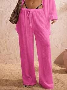 Pantalones anchos de verano para mujer con cintura anudada y unicolor - Rosa Fucsia - Ver 1