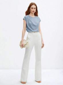 Blusa de satén de corte holgado con mangas acampanadas para mujer, elegante y versátil para ocasiones urbanas románticas, formales, de viaje, como invitada de boda, cumpleaños, casual de negocios, citas, aeropuerto, regreso a clases, uso en la ofi - Celeste - Ver 2