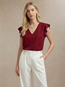 Blusa holgada de manga abullonada y cuello en V para mujer, estilo urbano básico, elegante y minimalista para uso casual en la oficina, adecuada para maestras y atuendo de negocios, otoño - Rojo - Ver 2