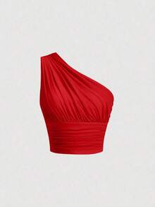 Top crop de un hombro fruncido - Rojo - Ver 5