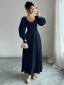 YHHElenzga Vestido largo elegante de mujer con cuello cuadrado, mangas abultadas y cintura ceñida, adecuado para el uso diarioYHH - Azul marino - Ver 5