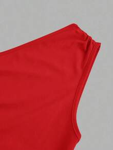 Vestido maxi de cola de pez con hombro asimétrico arrugado de unicolor sin mangas - Rojo - Ver 3