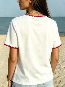 de mujer, estampado de rayas de frutas de cereza en contraste de colores, camiseta suelta de manga corta con estilo retro estadounidense juvenil, colección primavera/verano 2026, como regalo para amigos - Multicolor 6 - Ver 2