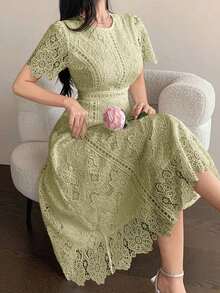 Vestido corto con adorno de encaje en las mangas, vestido mini elegante y refinado - Verde - Ver 5