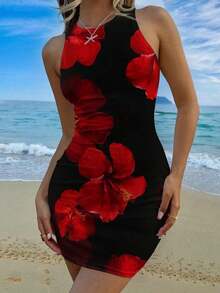 Vestido de verano para mujer de corte ajustado hasta la pantorrilla, sin mangas, con estampado floral rosado en todo el diseño, de estilo casual y minimalista - Multicolor 2 - Ver 4