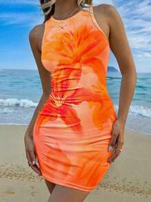 Vestido de verano para mujer de corte ajustado hasta la pantorrilla, sin mangas, con estampado floral rosado en todo el diseño, de estilo casual y minimalista - Multicolor 3 - Ver 4