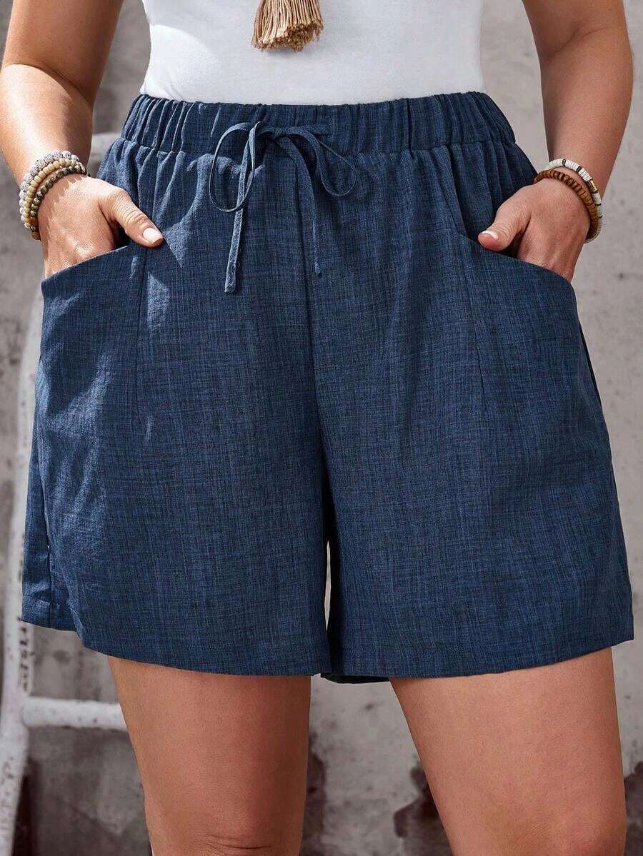 Pantalones cortos de verano de color azul marino sólido con bolsillos para mujeres de talla grande, vacaciones de verano, vacaciones de primavera, vacaciones para mujeres, salir, 2026 nuevo, simple y de moda para uso diario, pantalones cortos b - Azul 2 - Ver 1