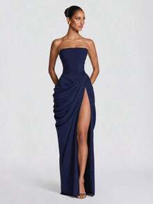 Strapless Ruched Corset Gown, High Slit Draped Maxi Dress For Prom, Weddings, Galas & Formal Events - 白色 - 查看 7