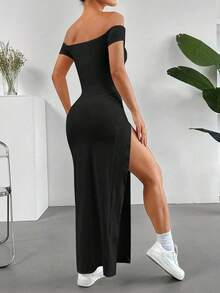 Vestido de verano para mujer con hombros descubiertos y abertura alta en unicolor - Negro - Ver 2