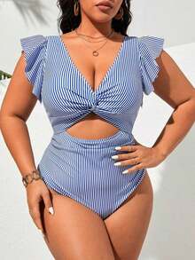 Traje de baño de una pieza con rayas y pliegues retorcidos para mujer de talla grande, adecuado para vacaciones en la playa, fiestas en la piscina y fiestas en la playa - Multicolor - Ver 4