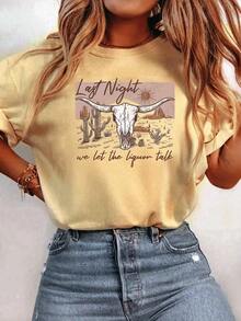 Camiseta unisex negra 100% algodón con diseño de temática occidental 'La Última Noche' - Amarillo - Ver 7