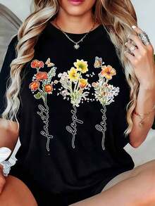 Women's Short-Sleeved T-Shirt With Round Neck, Floral Butterfly Print With The Phrase "Faith, Hope, Love", Casual Summer Top For Everyday Wear And Outings. - 黑色 - 查看 8