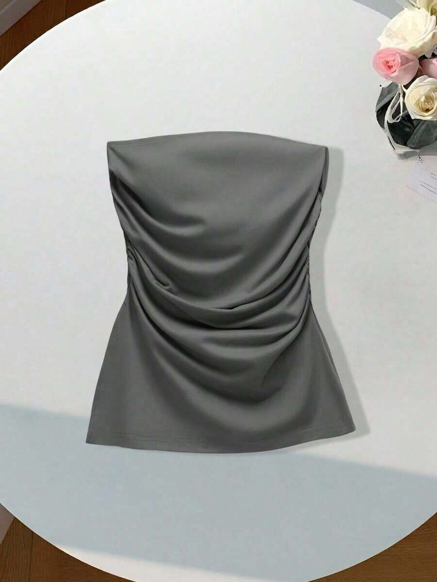 Top Sin Tirantes Con Pliegue Dividido - Gris Oscuro - Ver 1