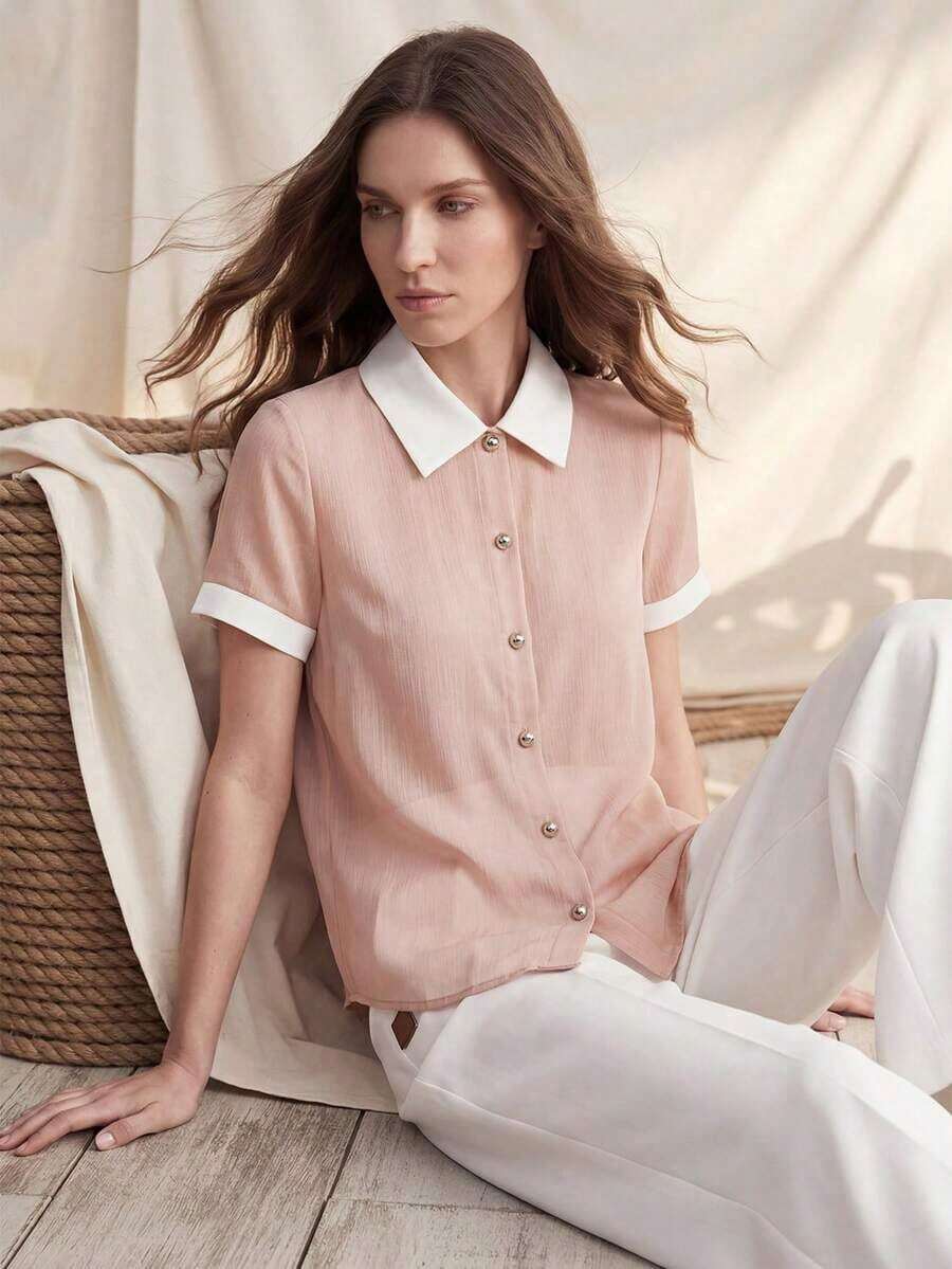 Blusa suelta de manga corta con cuello blanco de gasa arrugada elegante de color rosa para mujer - Rosa 2 - Ver 1