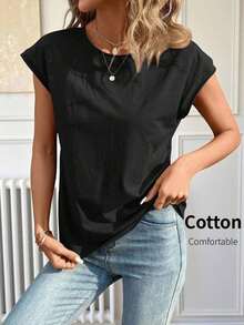 Camiseta de cuello redondo sólida, casual para el verano - Negro - Ver 12