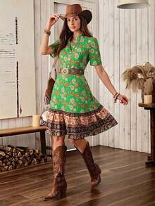 xheWildy Vestido midi bohemio de verano estilo vintage con estampado, estilo occidental americano country casual para mujeresxhe - Verde - Ver 8