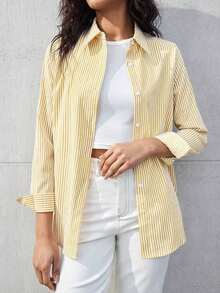 Camisa de mujer de manga larga con hombros caídos y rayas, estilo básico urbano y de commuter, moda simple y elegante, adecuada para vestimenta casual de negocios, oficina, profesora - Amarillo - Ver 5