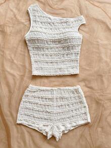 Conjunto de 2 piezas para vacaciones primavera/verano de mujer: Top corto asimétrico de hombro de punto a rayas rojas y blancas y shorts ajustados de tiro súper bajo, adecuado para fiesta, Navidad, San Valentín, cita, playa, crucero, carnaval, Pasc - Beis - Ver 5