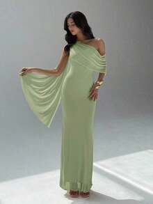 Vestido asimétrico de hombro de unicolor elegante para mujer - Verde - Ver 10