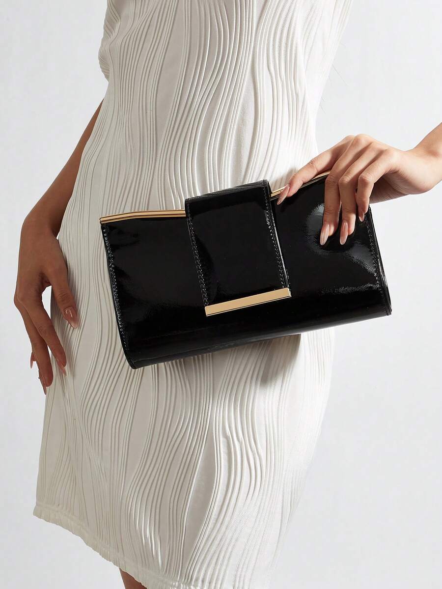 Quilted Flap Closure PU Solid Color Envelope Bag, Fashionable Bright Color Party Clutch, Laser Bright Color Chain Shoulder Bag, Glossy Evening Party Mini Square Bag, Suitable For Women Date, Party, Banquet - Black - View 1