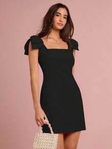 Vestido mini rosa con gran lazo en el hombro, sin mangas, estilo princesa, romántico para mujer, dulce y elegante para vacaciones, citas, fiestas, graduación, invitadas a bodas, vestido de fiesta, vestidos de verano para mujer, ropa de verano - Negro - Ver 7