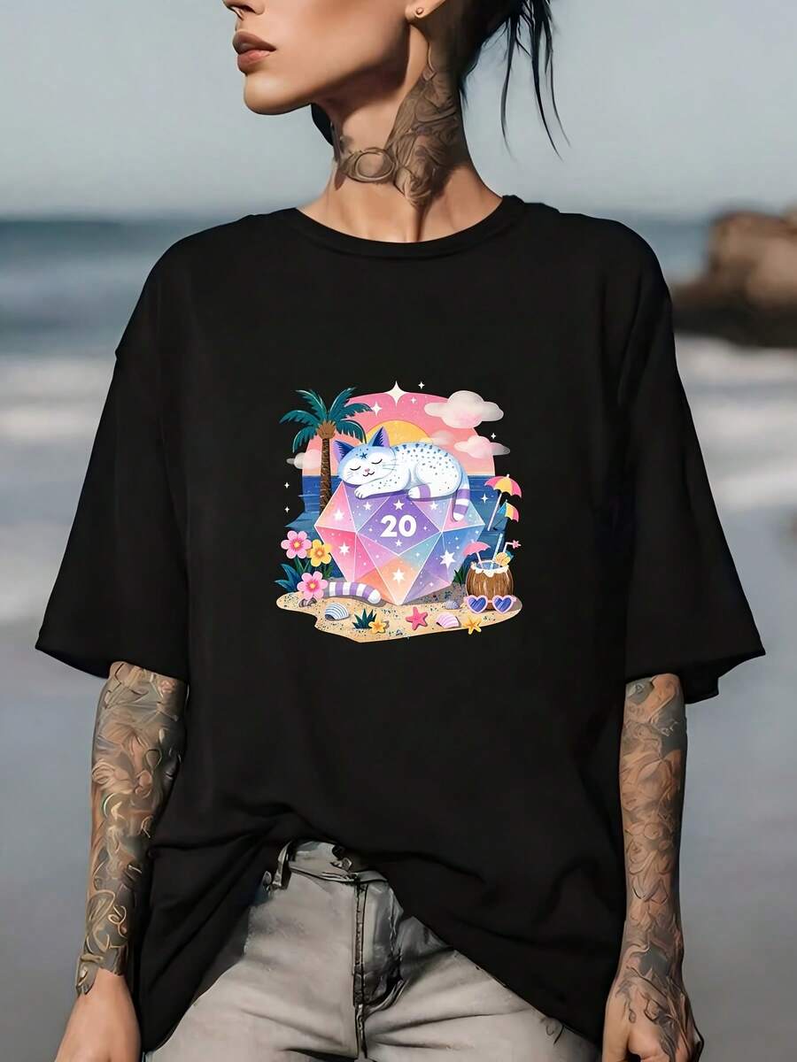 Camiseta unisex de manga corta y suave - Camiseta casual de cuello redondo con estampado de palmeras, playa, islas y gatos, adecuada para fiestas de empresa, regalos de equipo, uso en primavera y verano, lavable a máquina, ropa cómoda y casual para todas las estaciones. Camiseta de manga corta cómoda y versátil. - Negro - Ver 1