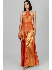Metallic Pleated Halter Maxi Dress, Ruched Waist With Front Slit, Elegant Evening Gown For Prom & Weddings - Tachibana Kinshoku - View 5