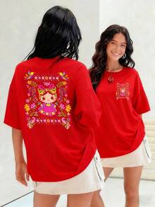 Women's T-Shirt Featuring A Doll With Flowers And Butterflies Surrounded By Vibrant Greenery, Representing Mexican Joy And Tradition. Made From 100% Soft And Cool Cotton. Suitable For Spring, Summer, And Autumn. - 紅色 - 查看 7