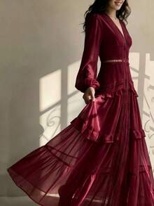 Vestido maxi elegante de manga larga con volantes, cuello en V y parches de color sólido para mujeres, ideal para bodas, fiestas bohemias, bailes de graduación y eventos de verano - Burdeos - Ver 2