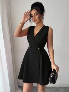 Vestido de mujer elegante, de estilo francés, de unicolor, con escote en V, abotonadura doble pecho con botones de metal, plisado, mini línea A, sin mangas, para uso casual, vacaciones, oficina o diario, primavera/verano - Negro - Ver 6