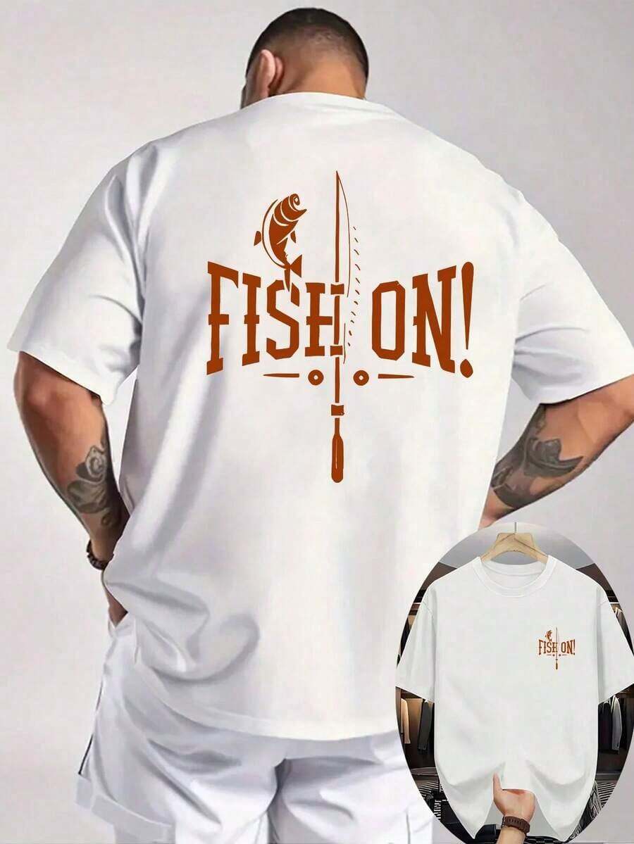 Gift [Sports T-Shirt] New Men's Summer Casual Printed T-Shirt With Ribbed Crew Neck And Short Sleeves. Made Of Knit Fabric, It's Cool And Comfortable. Features A Double-Sided Print On The Front And Back With A Fishing Rod And Fish Design. Suitable For Outdoor Activities, Plus Size T-Shirt, Soft And Comfortable. - 白色 - 查看 1