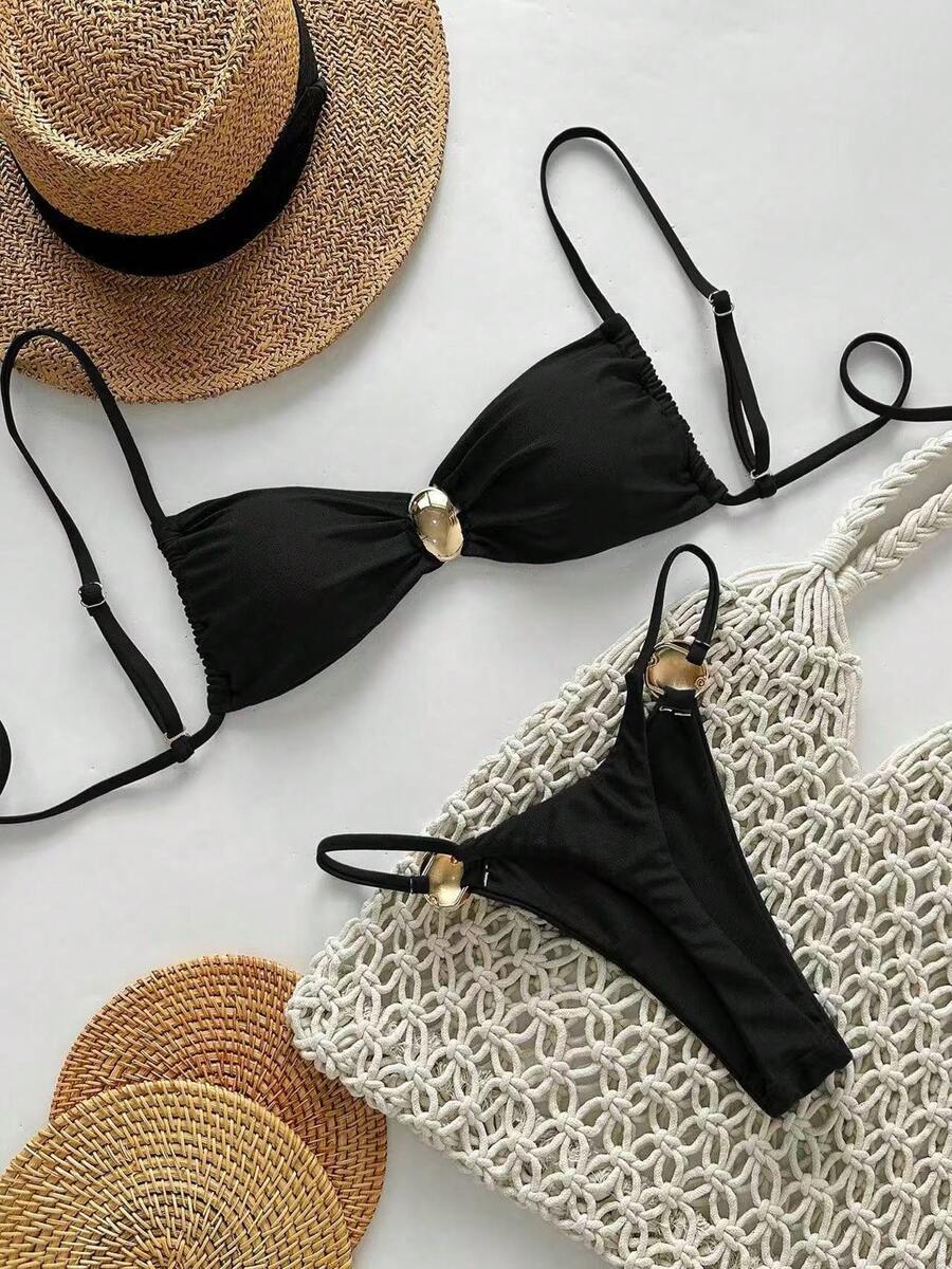 Bikini de color sólido, bikini sexy con lazos, traje de baño de dos piezas fresco y sencillo para mujer. - Negro - Ver 1