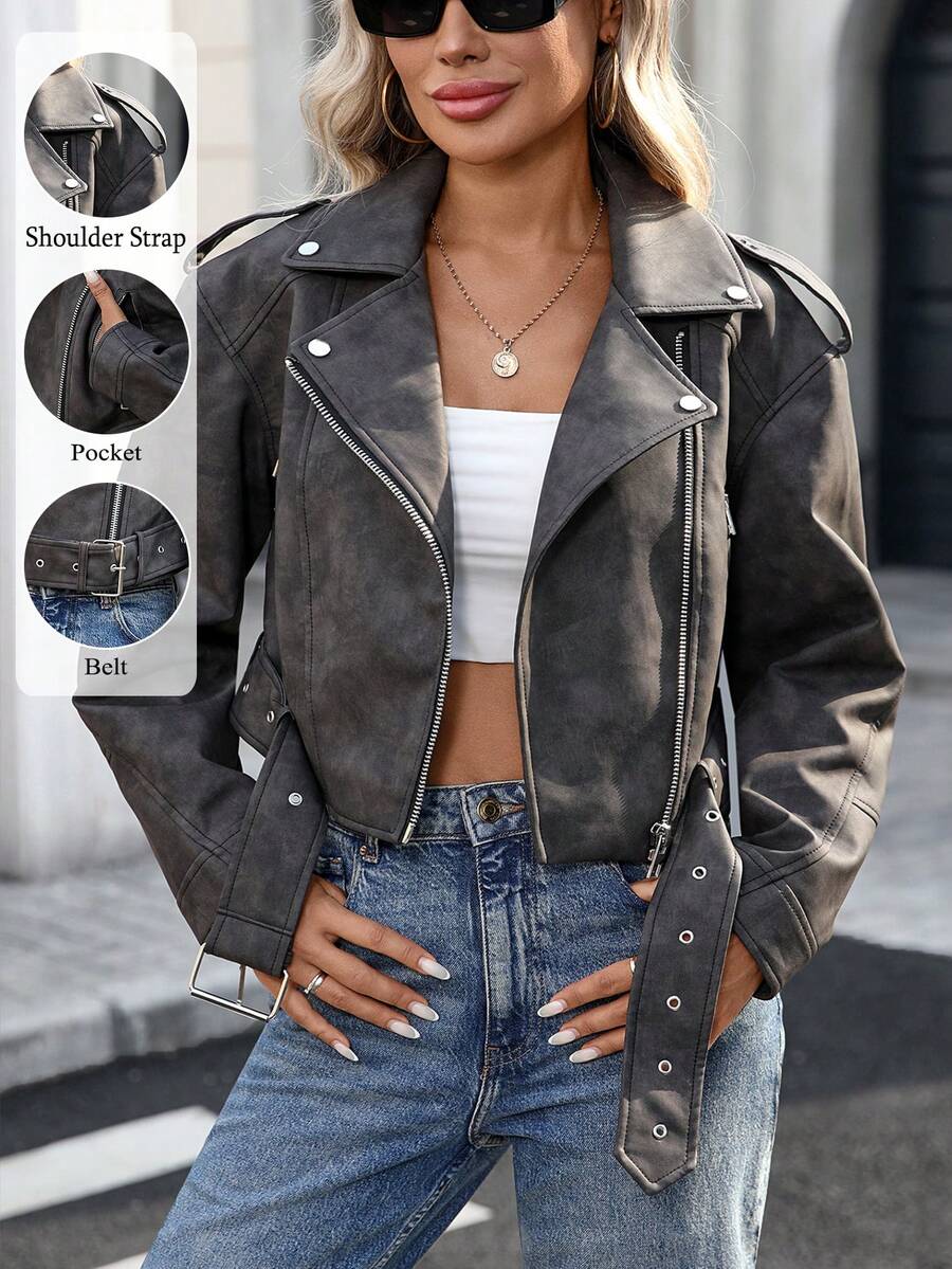 Women's Faux Leather Long Sleeve Zipper Short Biker Jacket