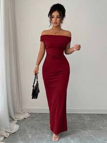 Women's Fitted Party Dress With Off-The-Shoulder Design And Elegant Metallic Details - 灰色 - 查看 4