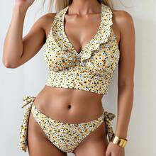 Nuevo traje de baño de dos piezas para mujer con top con volantes y estampado floral para vacaciones y playa. - Amarillo - Ver 2